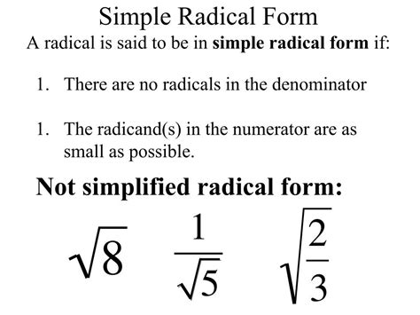 Simplest radical form solver - The Work. The Square Root of: The Work. 42−−√ cannot be reduced 42 cannot be reduced. 42−−√ ≈ 6.48074069840786 42 ≈ 6.48074069840786. (This link will show the same work that you can see on this page) You can calculate the square root of any number , just change 42 up above in the textbox.